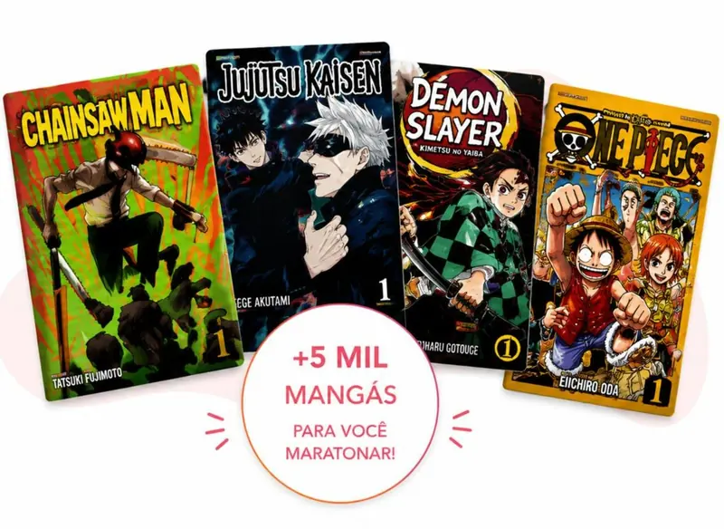 Acervo de mangás com títulos populares como Chainsaw Man, Jujutsu Kaisen e Demon Slayer